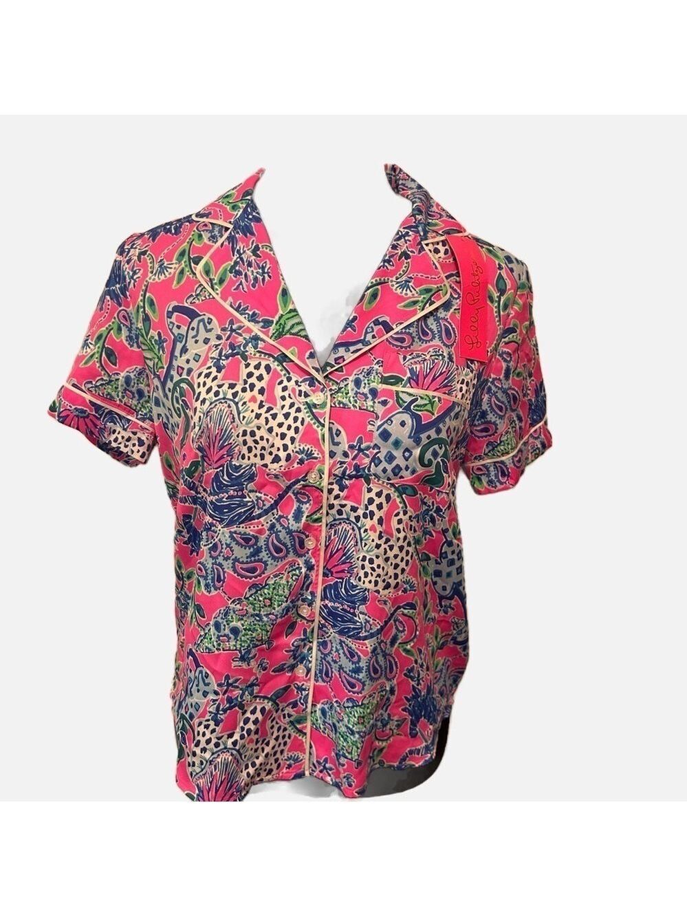 NEW Lily Pulitzer Women’s Pajama Top Plumeria Pink XS Pink Button Down Pocket